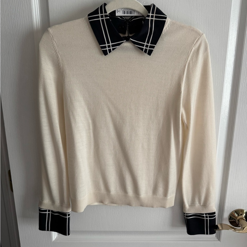 Alice + Olivia Cream Sweater with Black Plaid Accents NWT